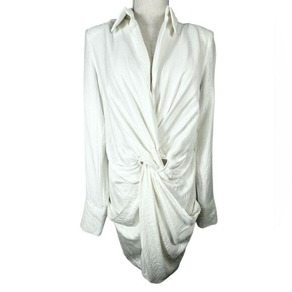 Endless Rose Structured White Shimmer Plunge Neck Knotted Detail Shirt Dress - Picture 2 of 9